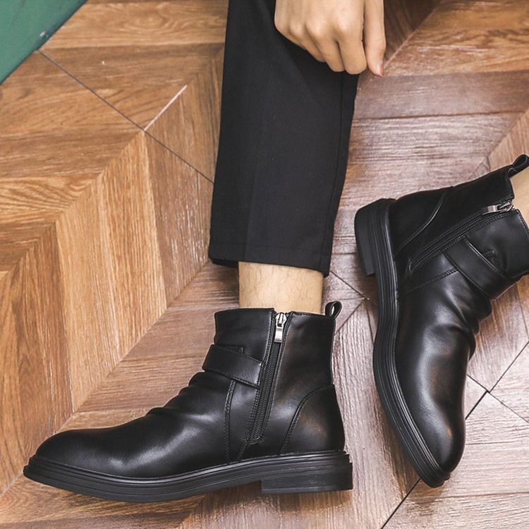 Botas De Pu Com Zíper Lateral Liso Redondo Masculino Com Zíper