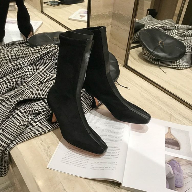 Botas De Salto Alto Deslizantes Femininas Com Bloco De Cor Quadrada