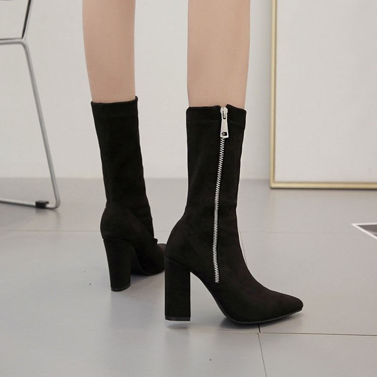 Botas De Tornozelo Com Zíper De Salto Baixo Liso Feminino