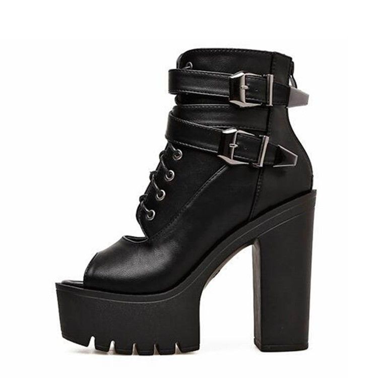 Botas De Tornozelo Peep Toe Zipper Feminino De Salto Grosso