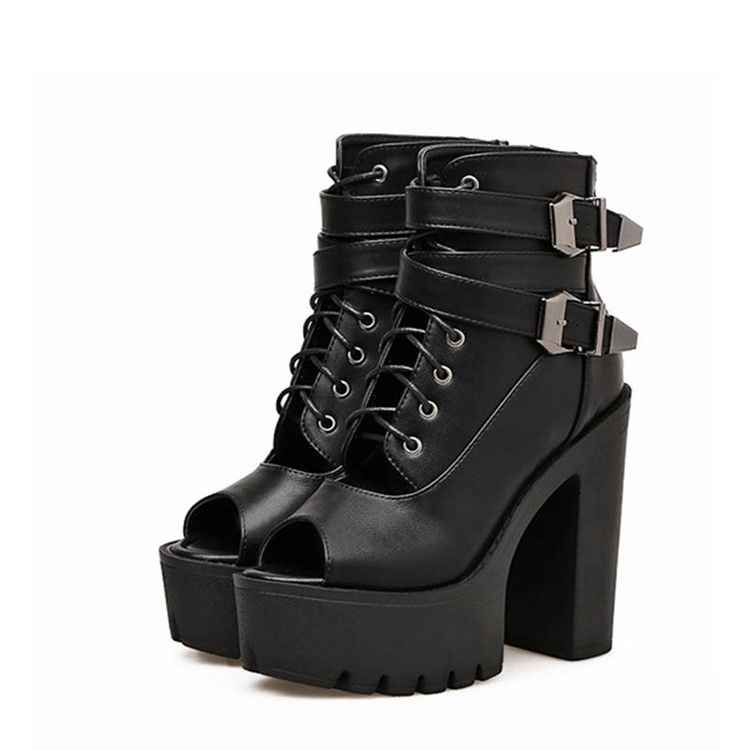 Botas De Tornozelo Peep Toe Zipper Feminino De Salto Grosso