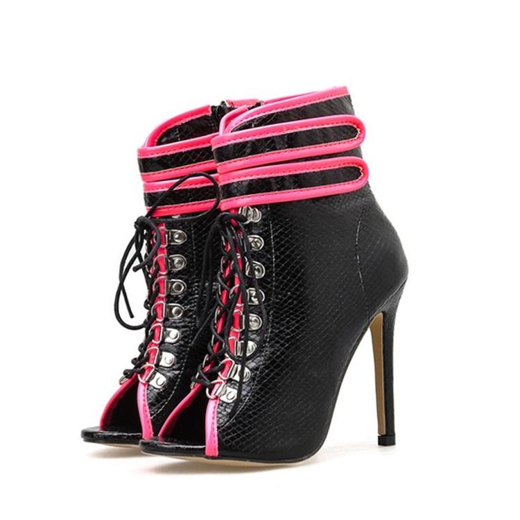 Color Block Peep Toe Salto Agulha Serpentine Botas Tornozelo Feminino