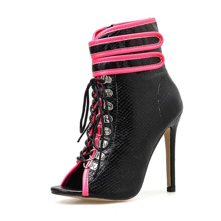 Color Block Peep Toe Salto Agulha Serpentine Botas Tornozelo Feminino