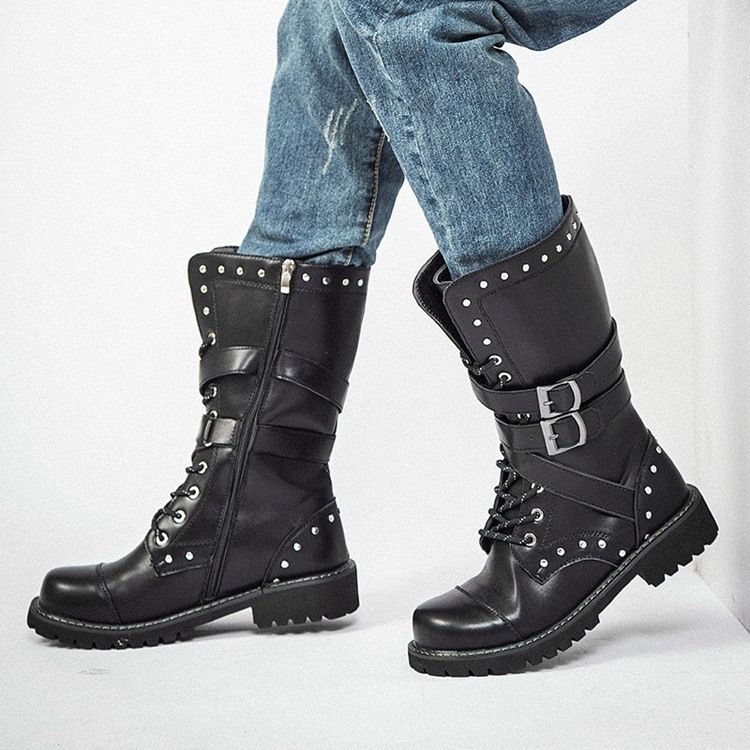 Rebite Botas Masculinas Com Zíper Lateral Redondo Dedo Do Pé