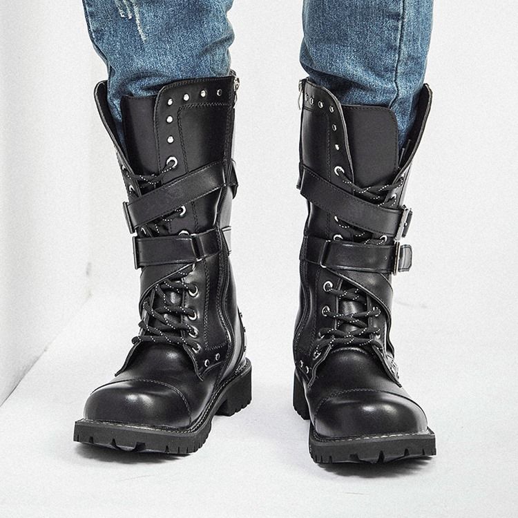 Rebite Botas Masculinas Com Zíper Lateral Redondo Dedo Do Pé