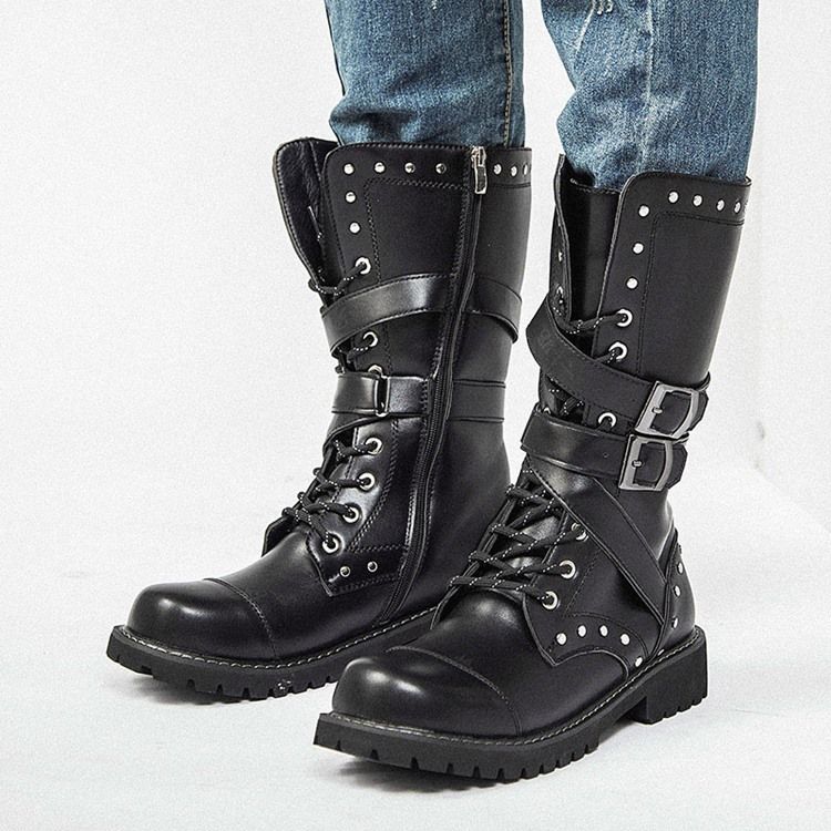 Rebite Botas Masculinas Com Zíper Lateral Redondo Dedo Do Pé