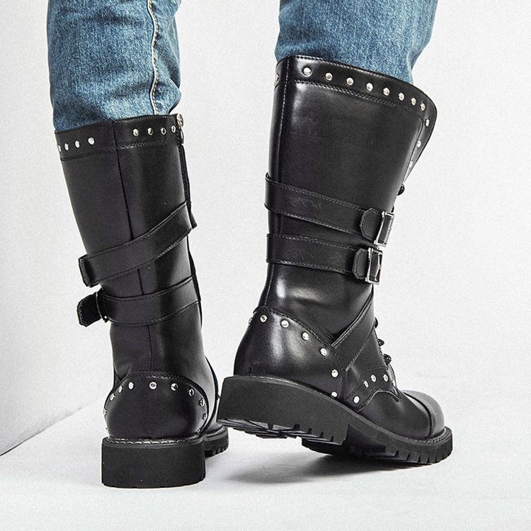 Rebite Botas Masculinas Com Zíper Lateral Redondo Dedo Do Pé