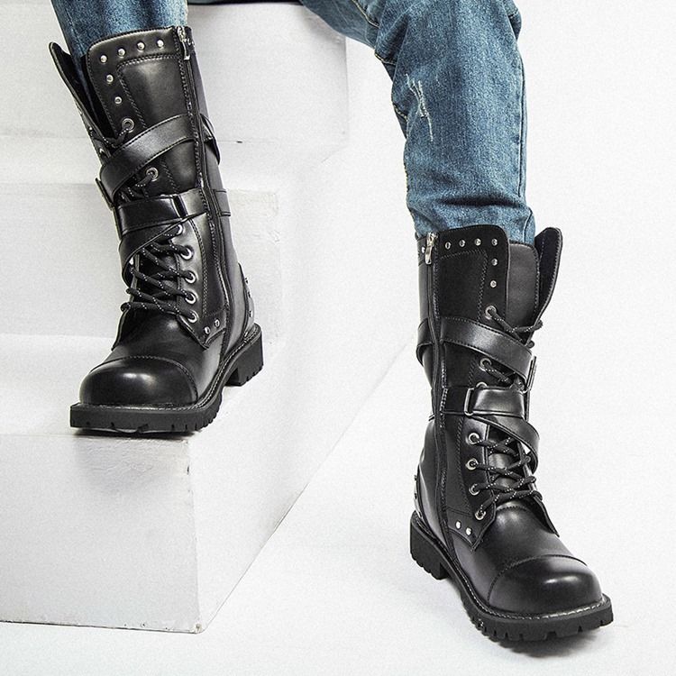 Rebite Botas Masculinas Com Zíper Lateral Redondo Dedo Do Pé