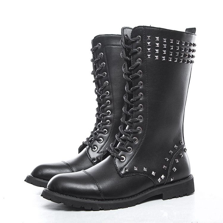 Rebites Botas Masculinas Com Zíper Lateral Redondo Dedo Do Pé Redondo