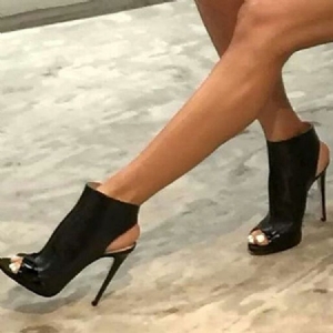 Sandálias De Salto Agulha Pretas Peep Toe Sem Encosto Femininas