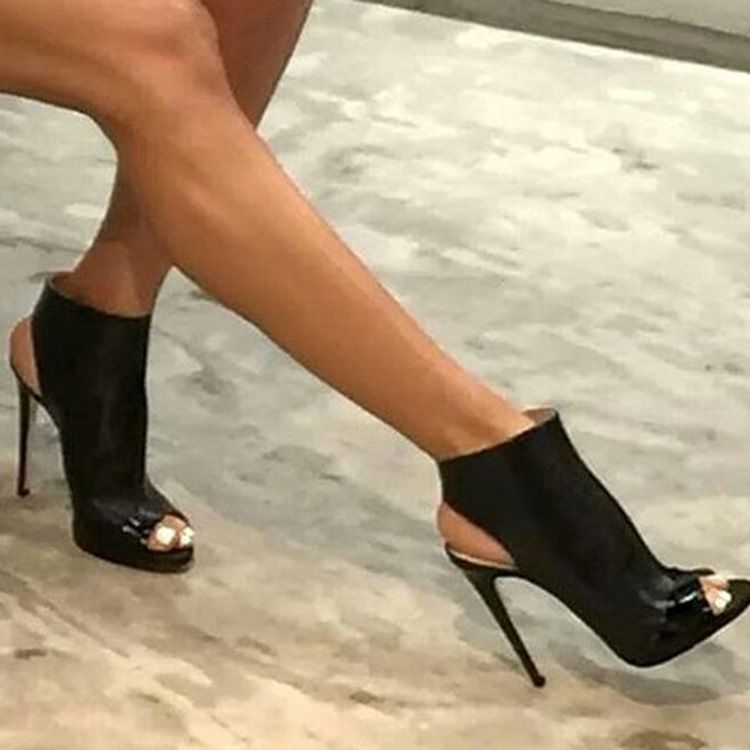 Sandálias De Salto Agulha Pretas Peep Toe Sem Encosto Femininas