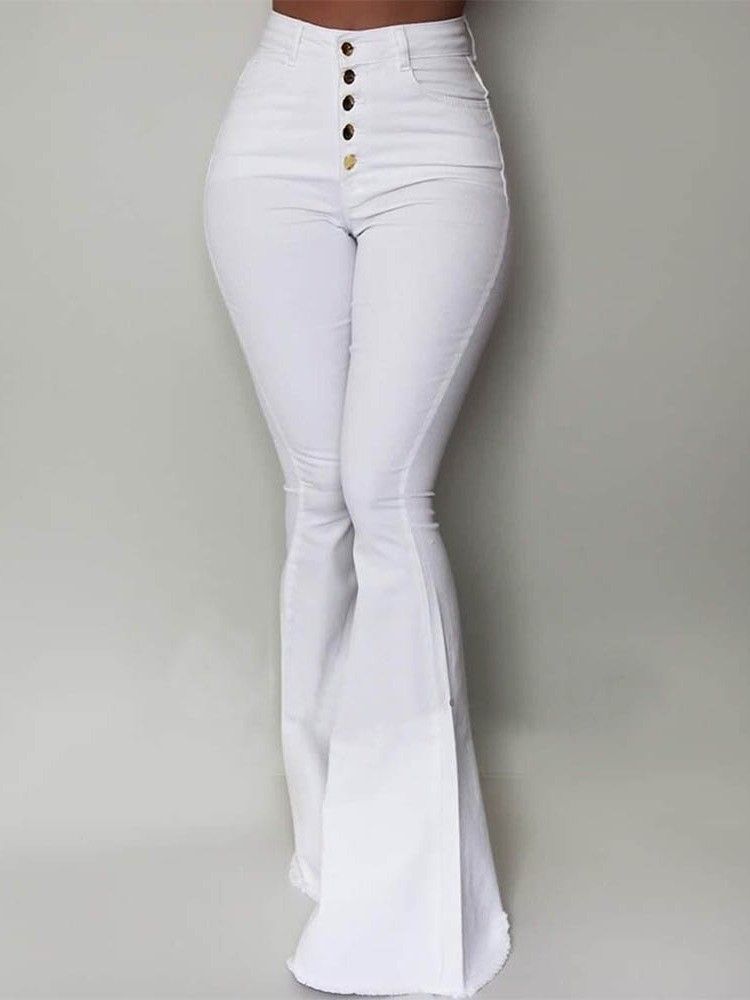 Botão Slim Plain Bellbottoms Calça Casual Feminina Comprimento Total