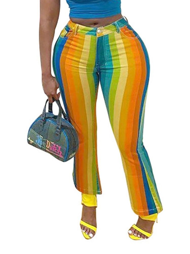 Calça Casual Feminina Com Zíper Fino Cor Block Bellbottoms