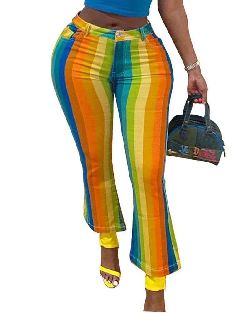 Calça Casual Feminina Com Zíper Fino Cor Block Bellbottoms