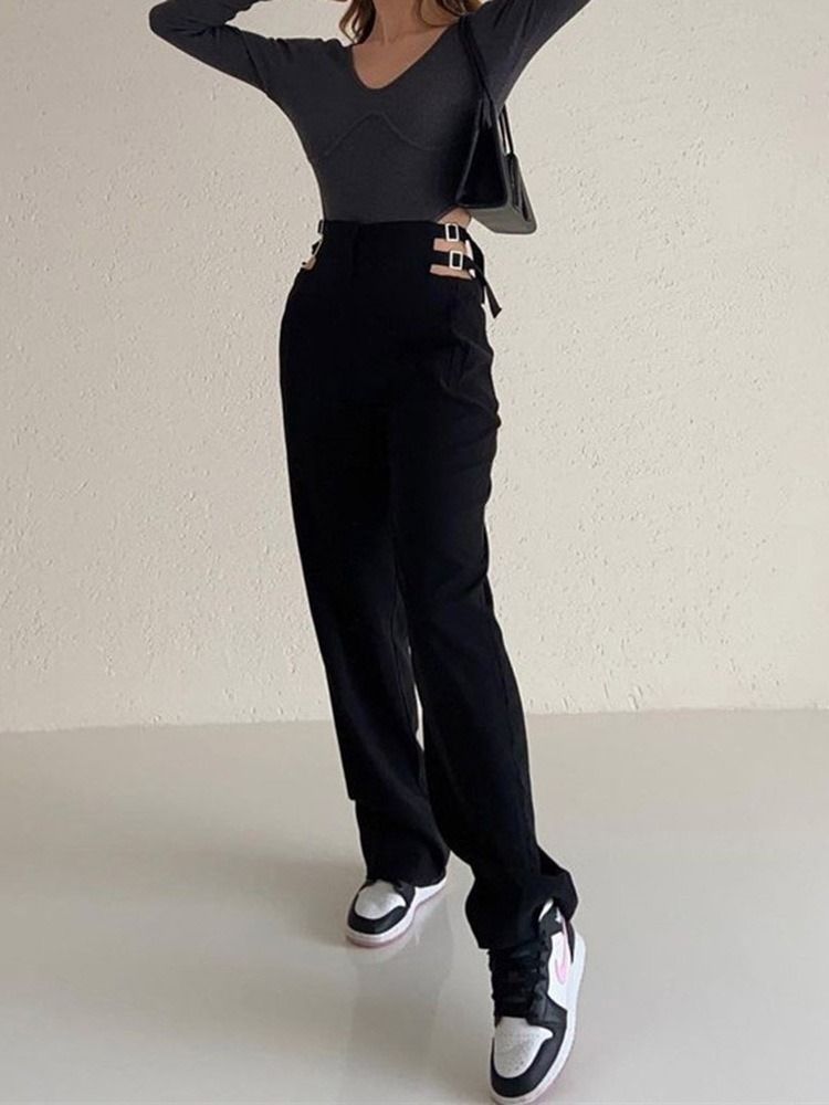 Calça Casual Feminina Com Zíper Fino Liso Reto Comprimento Completo