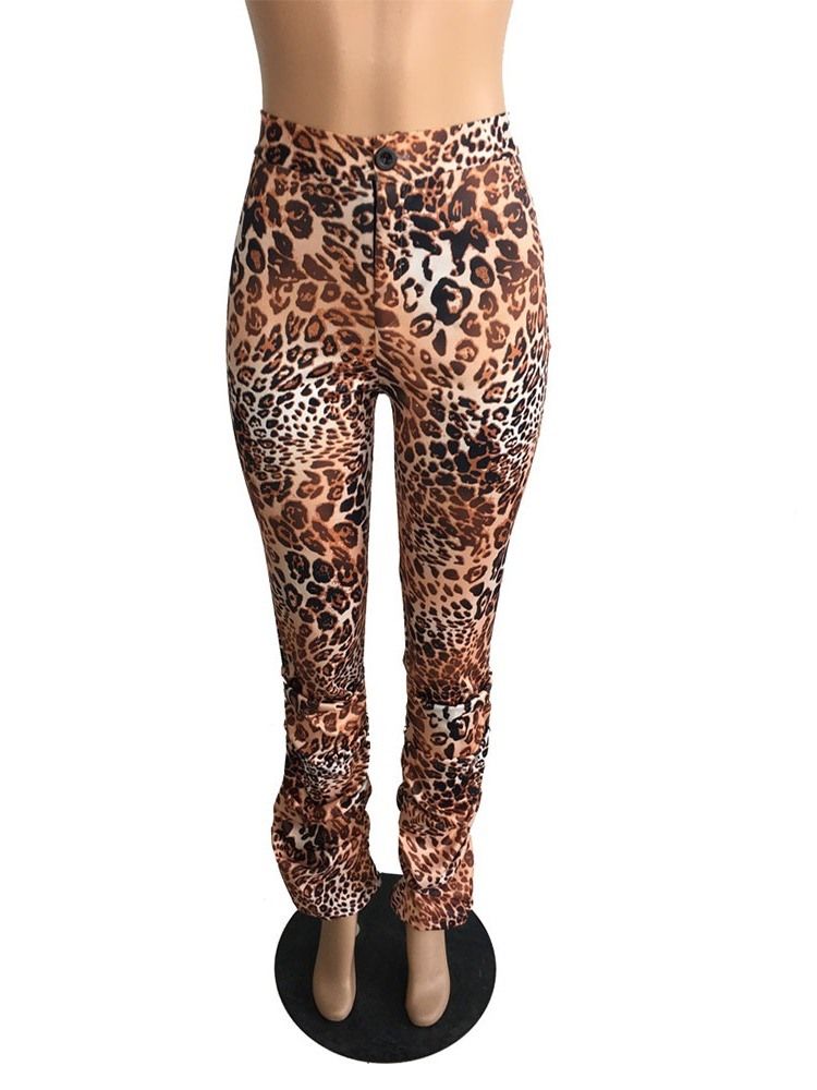 Calça Casual Feminina Leopard Slim De Cintura Alta De Comprimento Total