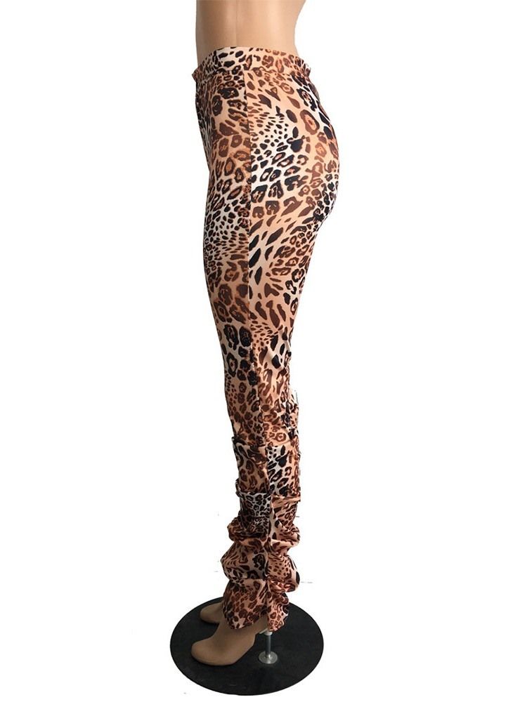 Calça Casual Feminina Leopard Slim De Cintura Alta De Comprimento Total