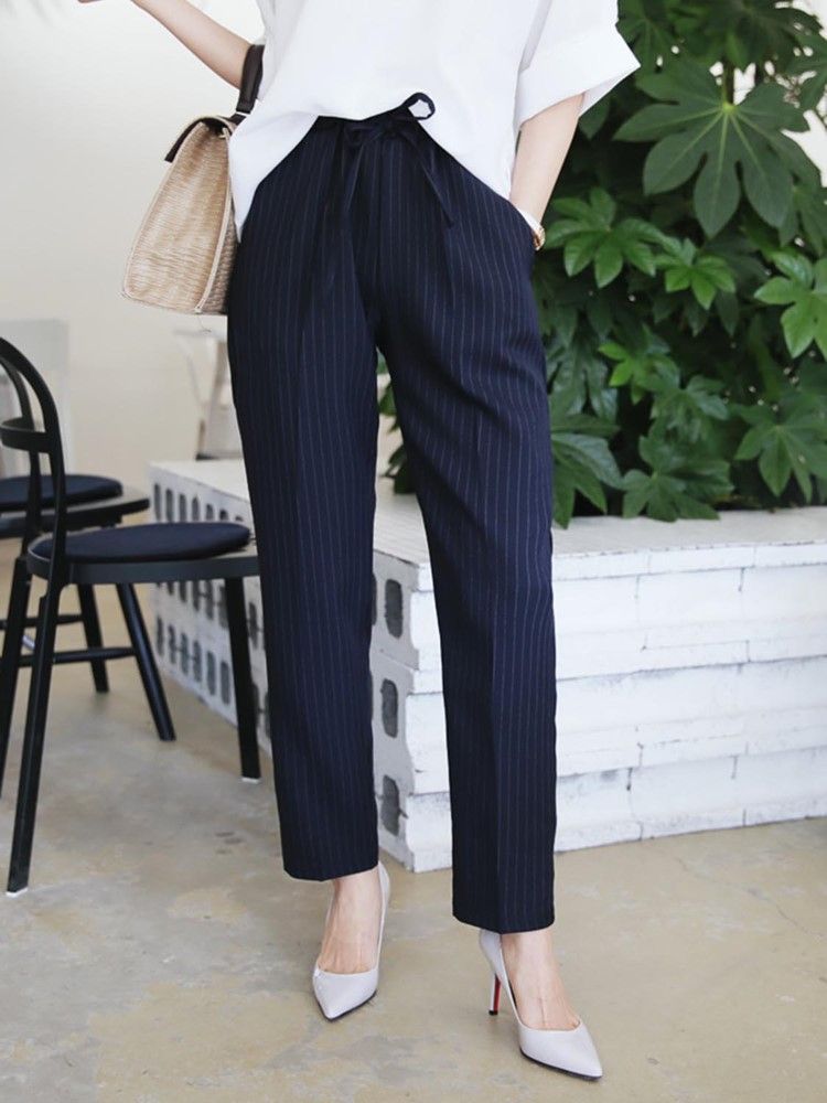 Calça Casual Feminina Slim Pocket Stripe Na Altura Do Tornozelo