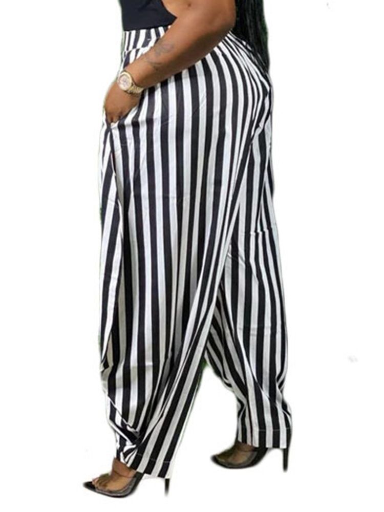 Calça Casual Feminina Stripe Bolso Solta Comprimento Total