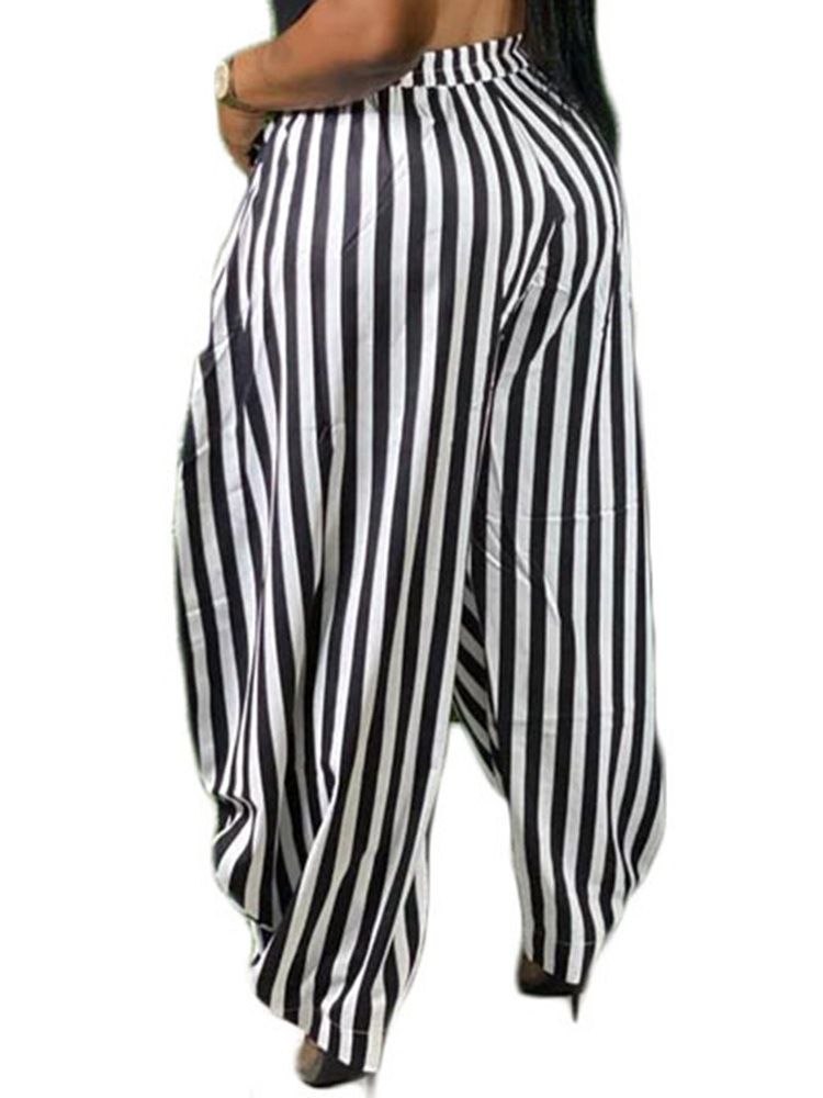 Calça Casual Feminina Stripe Bolso Solta Comprimento Total