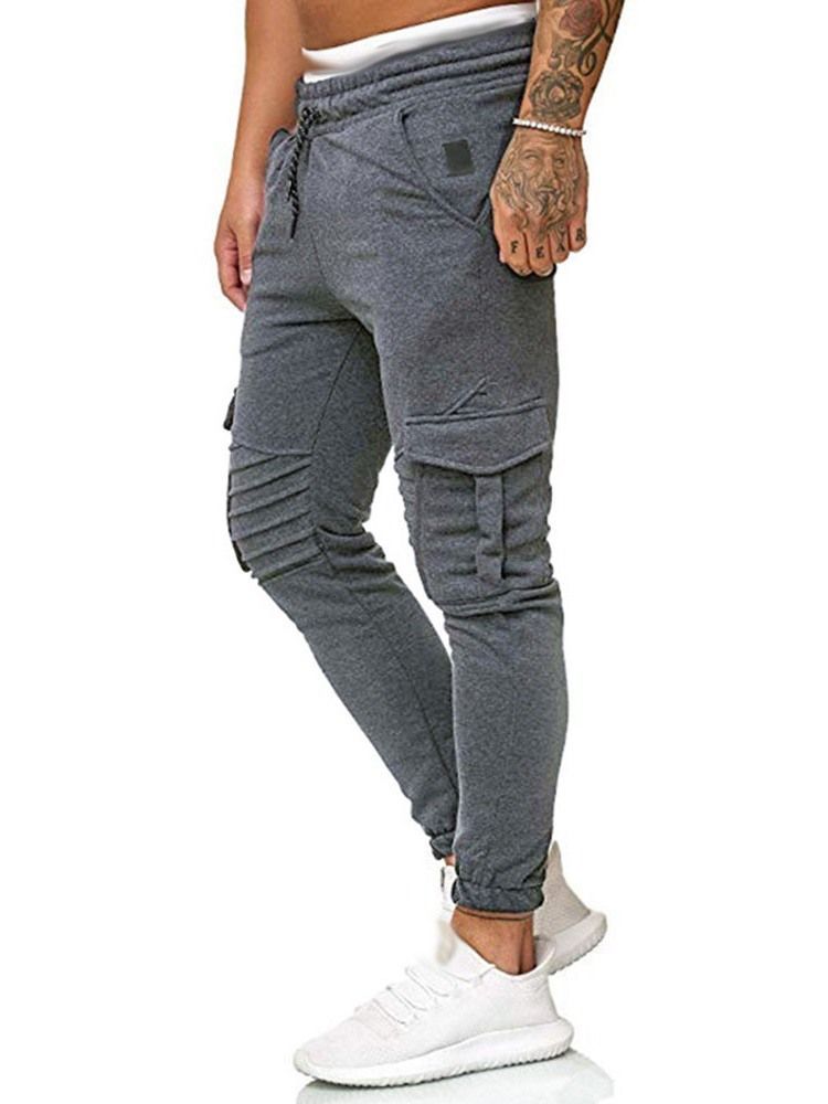 Calça Casual Masculina De Bolso Simples Com Cordões