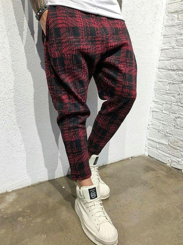 Calça Casual Masculina De Cintura Baixa Xadrez De Bolso