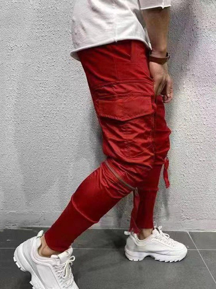 Calça Casual Masculina Com Zíper Liso Com Corda