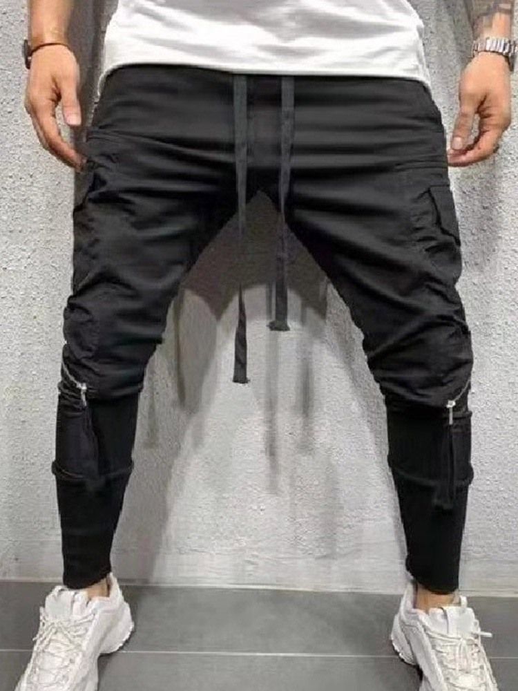 Calça Casual Masculina Com Zíper Liso Com Corda