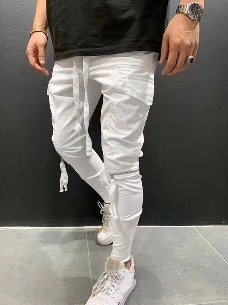 Calça Casual Masculina Com Zíper Liso Com Corda