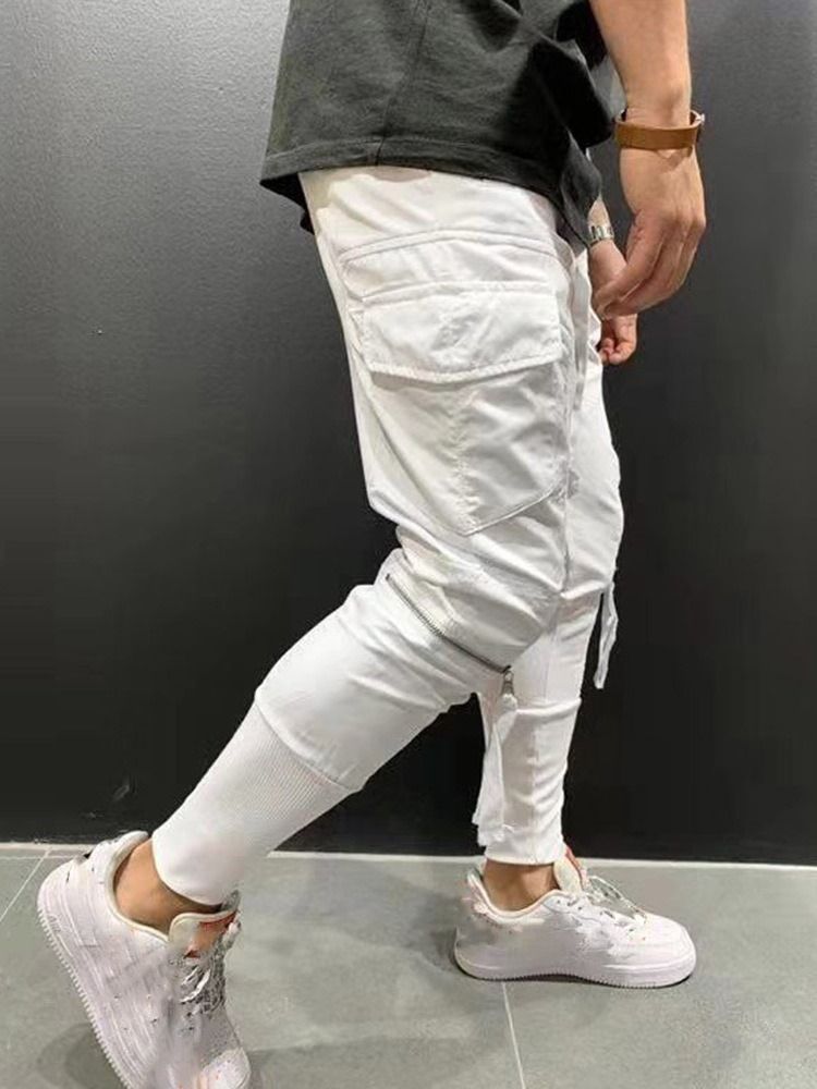 Calça Casual Masculina Com Zíper Liso Com Corda