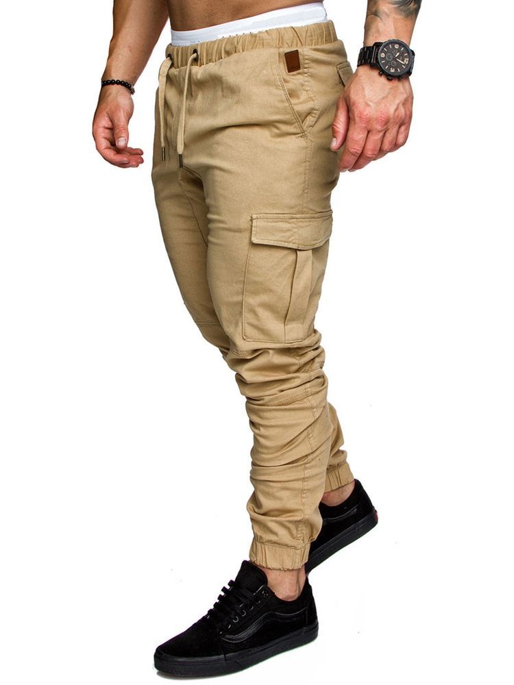 Calça Casual Masculina Simples De Renda Caqui Com Bolso