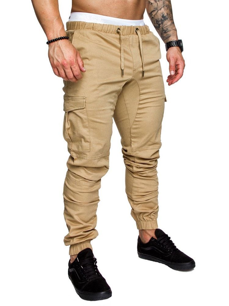 Calça Casual Masculina Simples De Renda Caqui Com Bolso