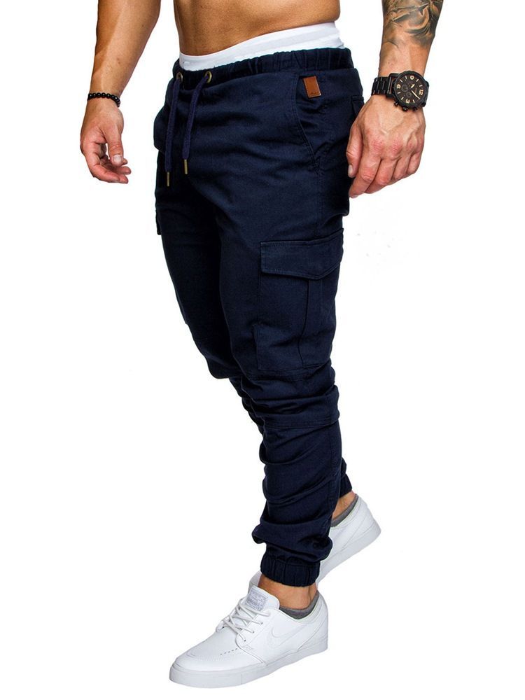 Calça Casual Masculina Simples De Renda Caqui Com Bolso