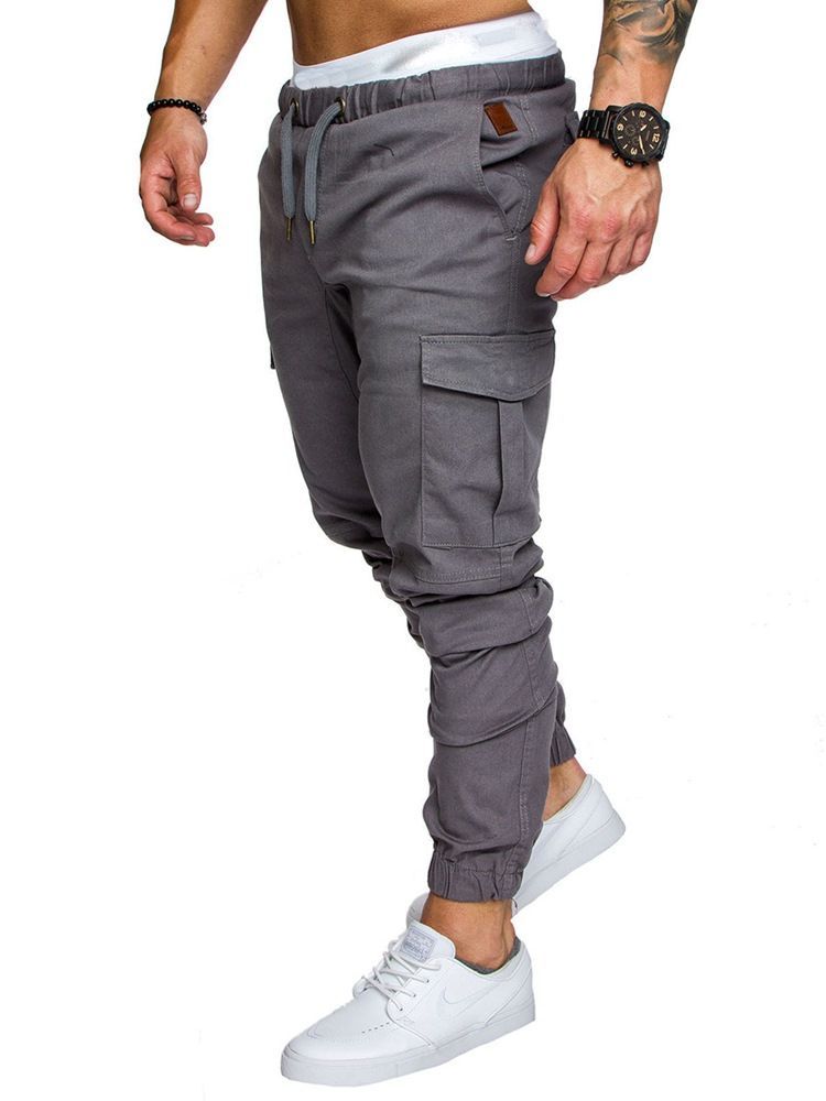 Calça Casual Masculina Simples De Renda Caqui Com Bolso