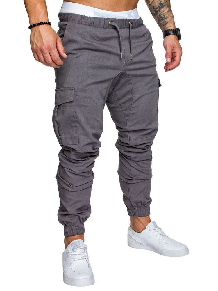 Calça Casual Masculina Simples De Renda Caqui Com Bolso