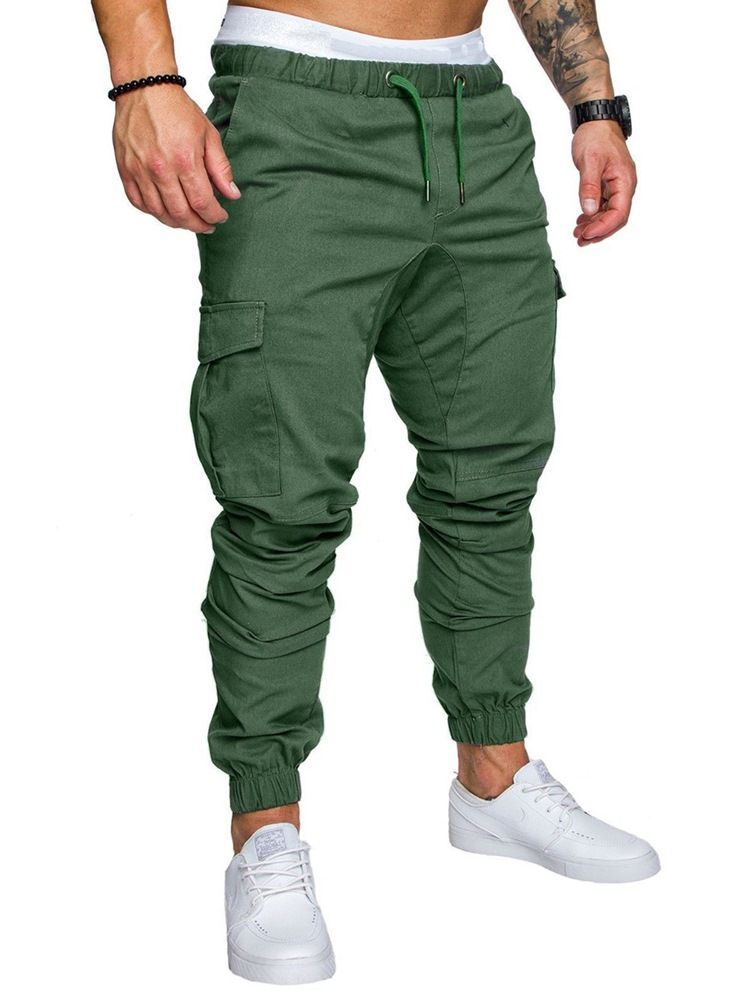 Calça Casual Masculina Simples De Renda Caqui Com Bolso