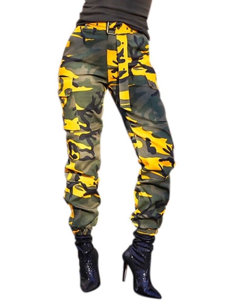 Calça Casual Solta Camuflagem Feminina Com Cinto