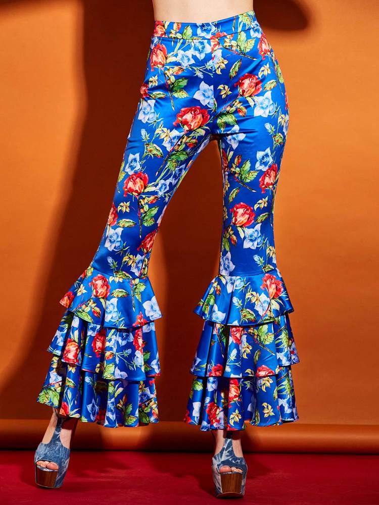 Calça Feminina Elástica Com Babados Floral Bellbottoms