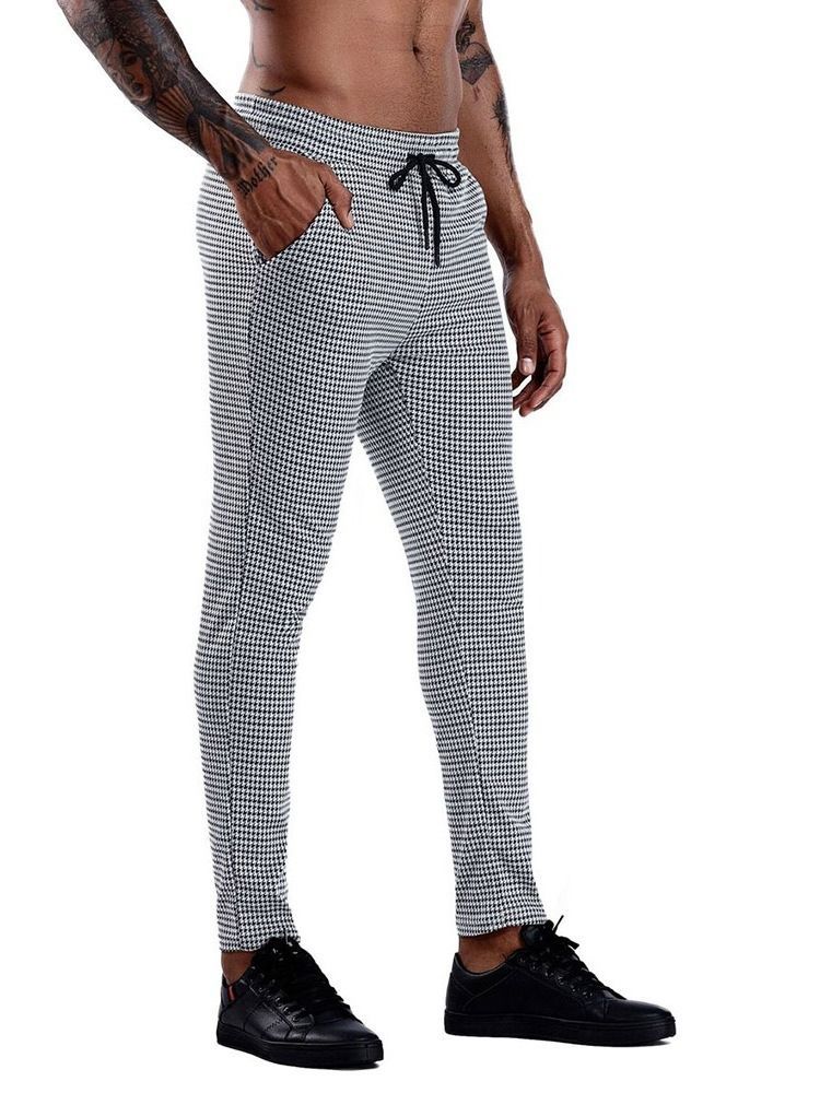 Calça Lápis De Atar Xadrez Calça Com Cintura Média Masculino Casual