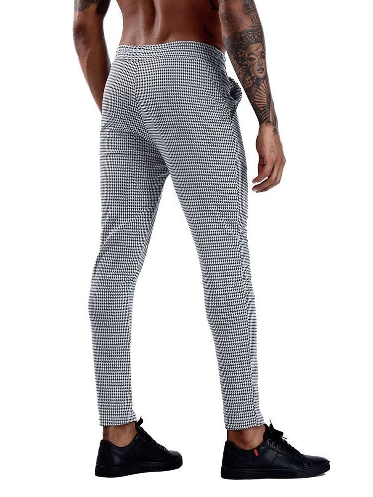 Calça Lápis De Atar Xadrez Calça Com Cintura Média Masculino Casual