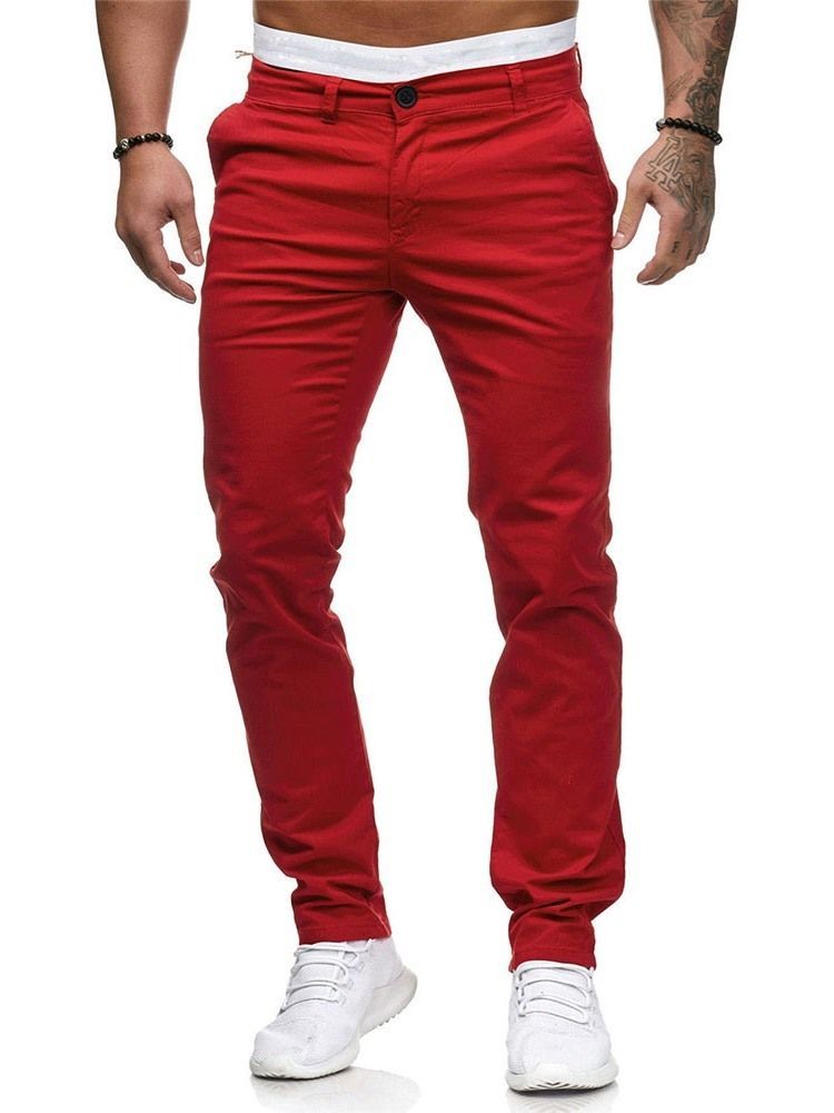 Calça Lápis Casual Masculina Com Zíper Liso Cintura Média