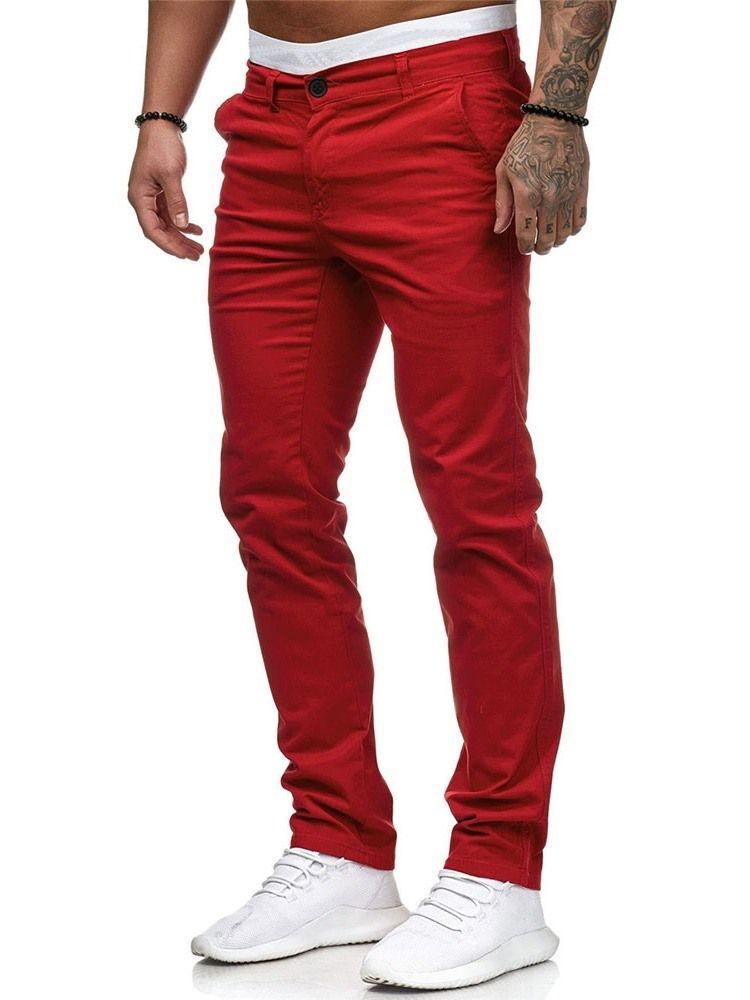 Calça Lápis Casual Masculina Com Zíper Liso Cintura Média