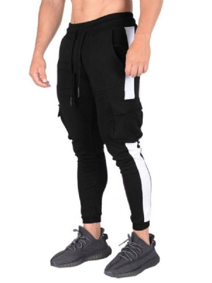 Calça Lápis Com Cordões De Cor Bloco De Cintura Média Calça Casual Masculina