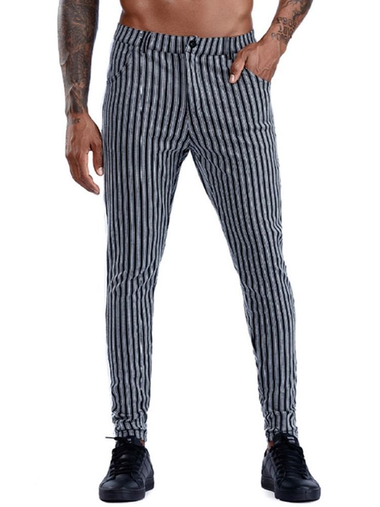 Calça Lápis Stripe Bolso Com Zíper Cintura Média Calça Casual Masculina