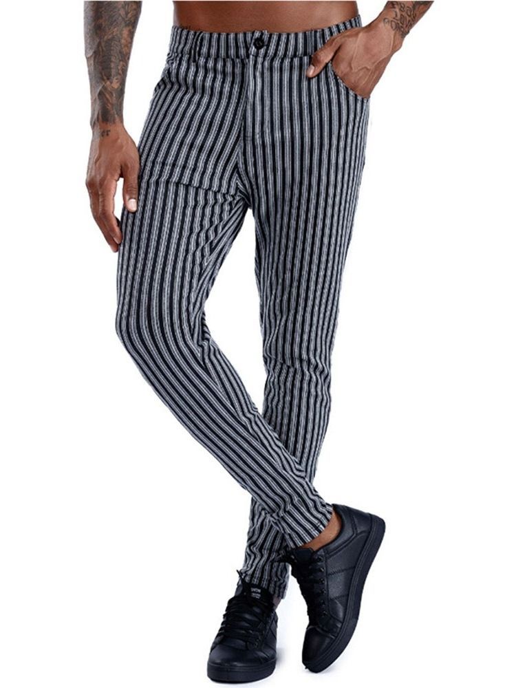 Calça Lápis Stripe Bolso Com Zíper Cintura Média Calça Casual Masculina