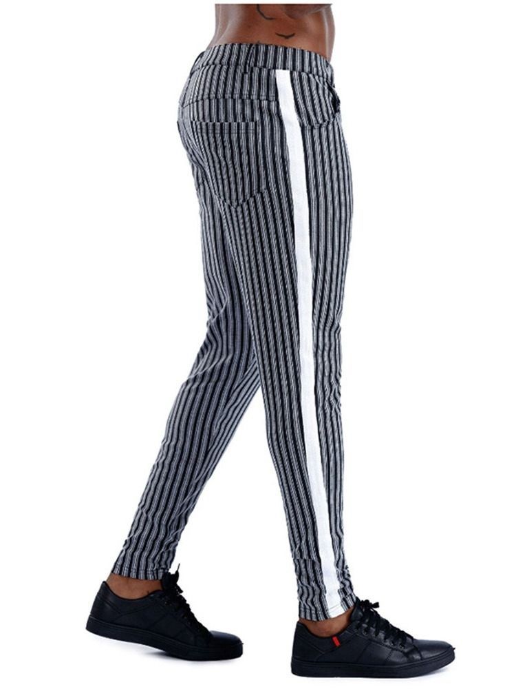 Calça Lápis Stripe Bolso Com Zíper Cintura Média Calça Casual Masculina