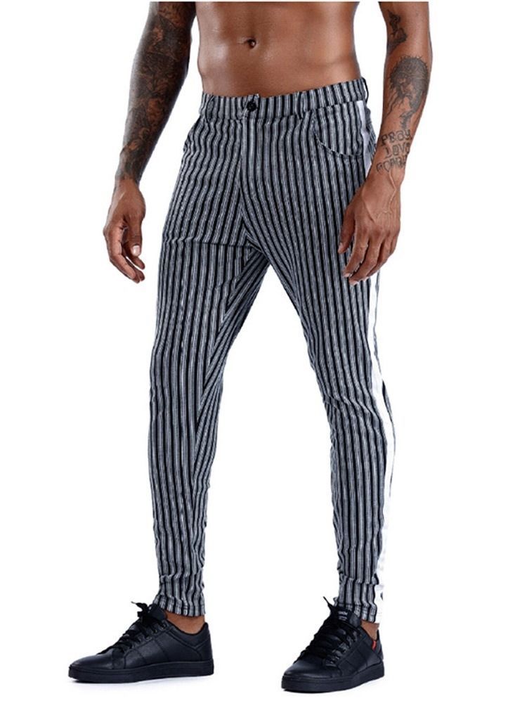 Calça Lápis Stripe Bolso Com Zíper Cintura Média Calça Casual Masculina