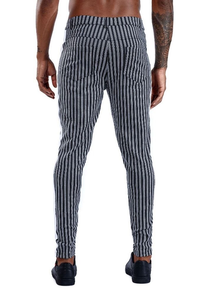 Calça Lápis Stripe Bolso Com Zíper Cintura Média Calça Casual Masculina