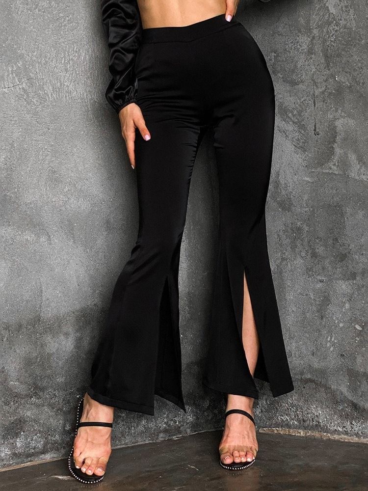 Calça Slim Simples Dividida Bellbottoms Cintura Alta Casual Feminina