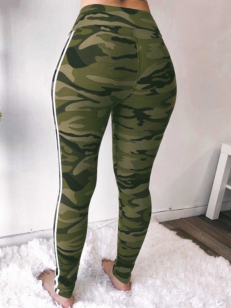 Calças Casuais De Cintura Alta Estampada Skinny Camuflagem Feminina